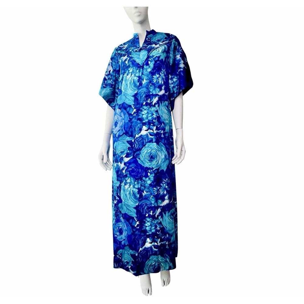 Vintage 60s Lauhala‎ Hawaiian Maxi Dress, Blue Tropical Floral Print, S